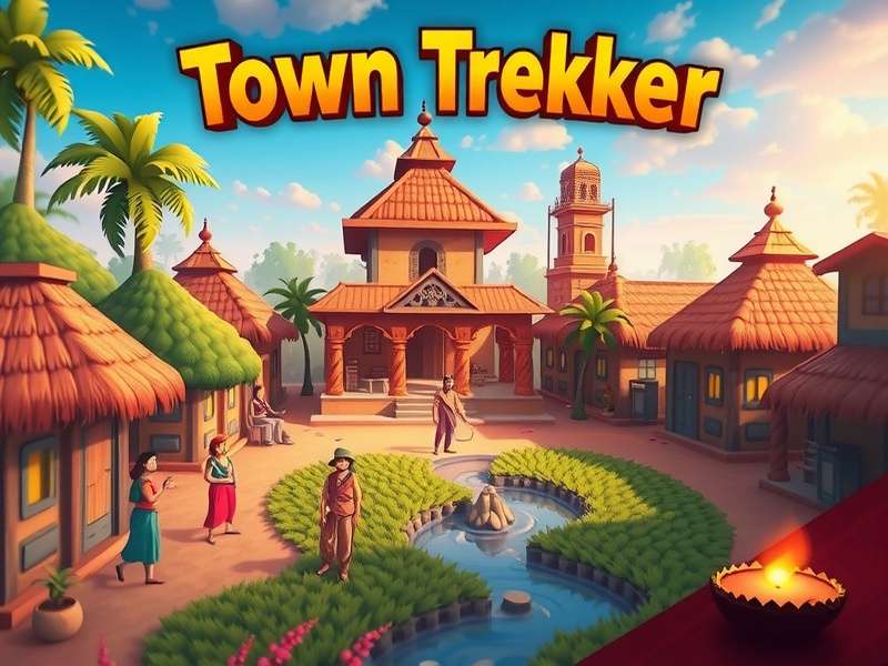 Town Trekker village development screenshot showing player building community center with villagers helping