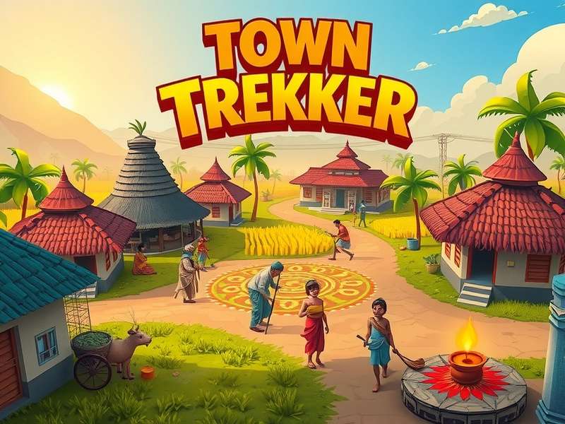 Town Trekker South Indian village showing rice paddies, coconut trees, traditional tiled houses