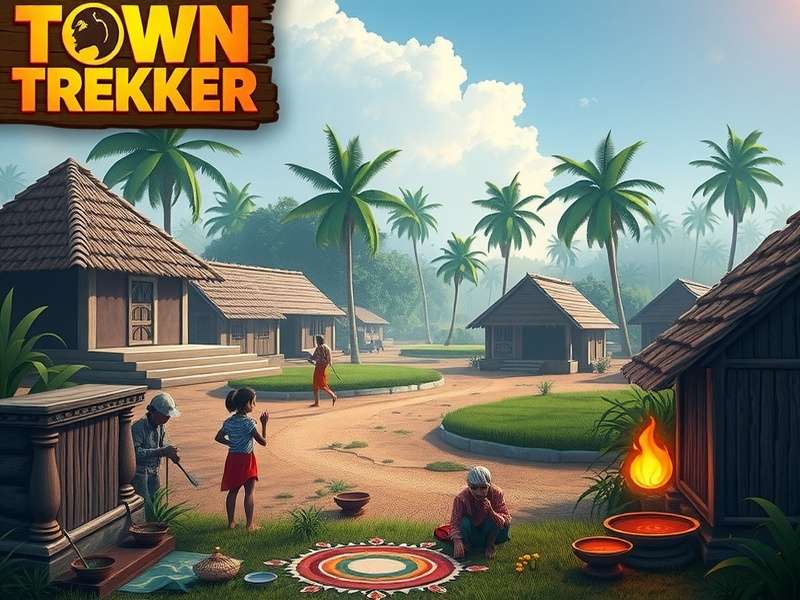 Town Trekker Game Cover featuring vibrant Indian village scene with farmers, children playing, traditional huts